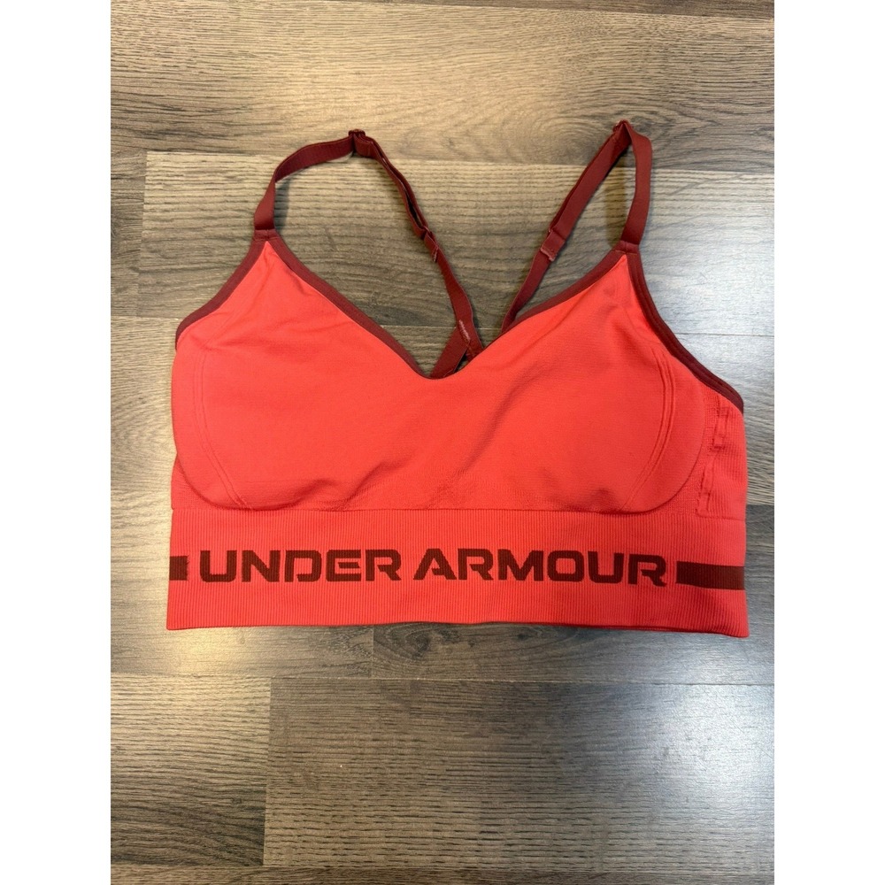 Under Armour Seamless Low Long Sports Bra Coral Pink Strappy Back Medium
